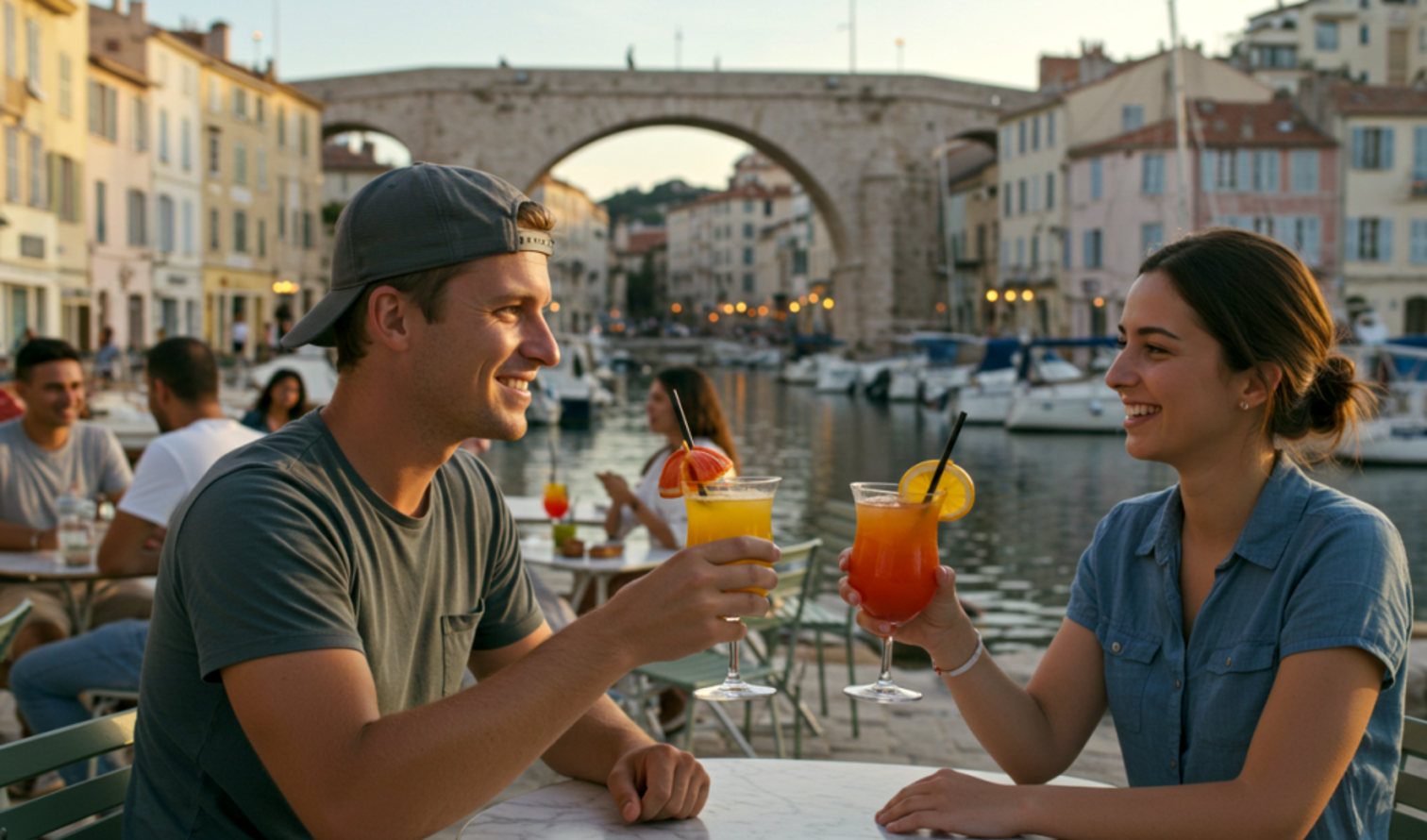 A couple enjoys drinks by boats in a marina, possibly in Marseille, France.