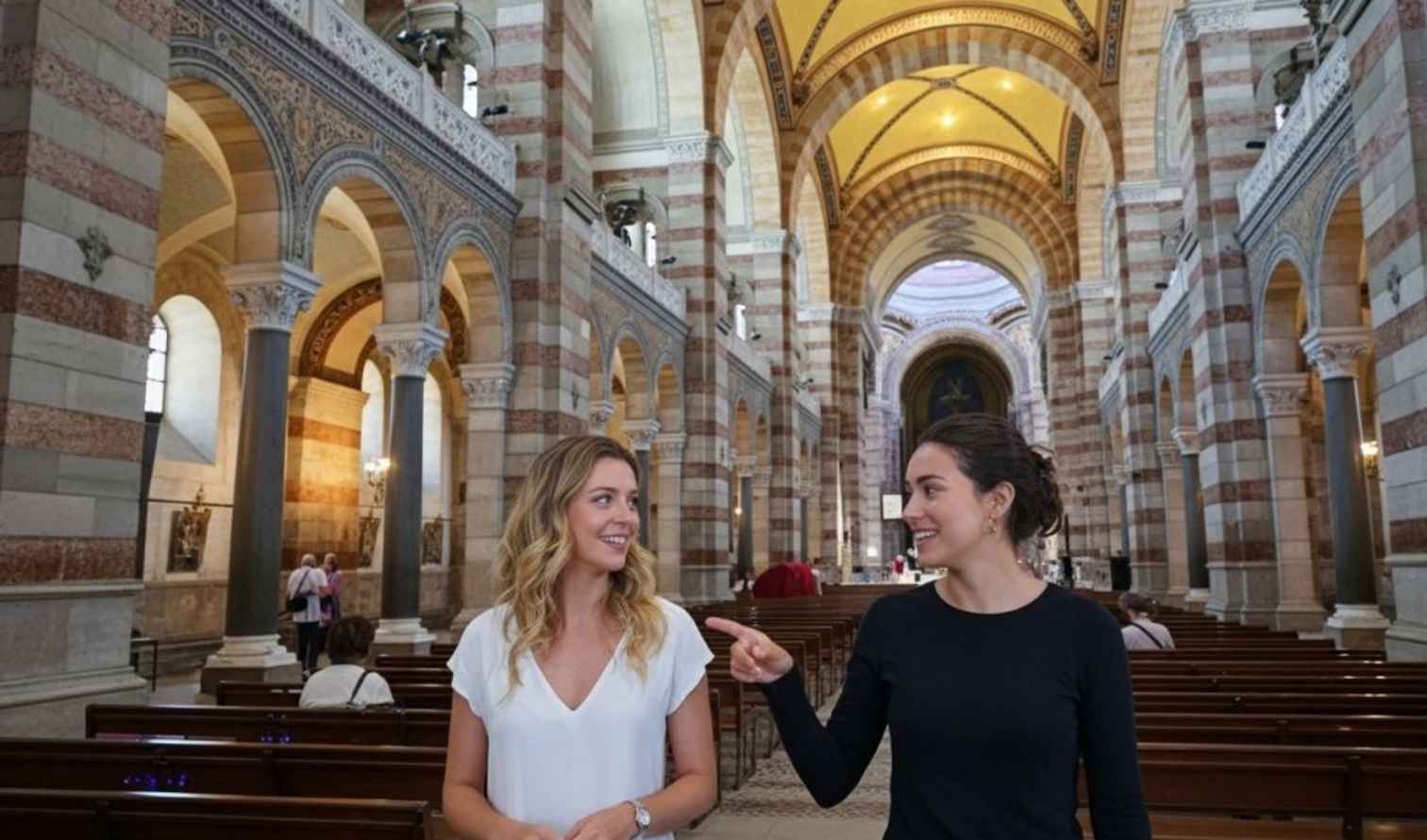 Two women talking inside Marseille Cathedral, France.