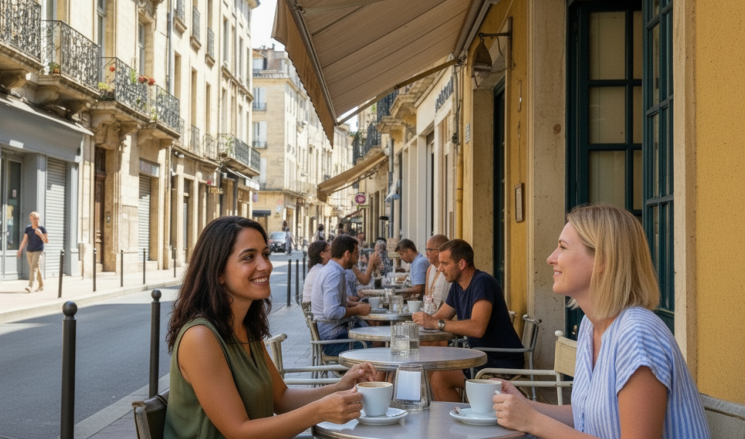 Outdoor seating at a cafe on a narrow street in Montpellier