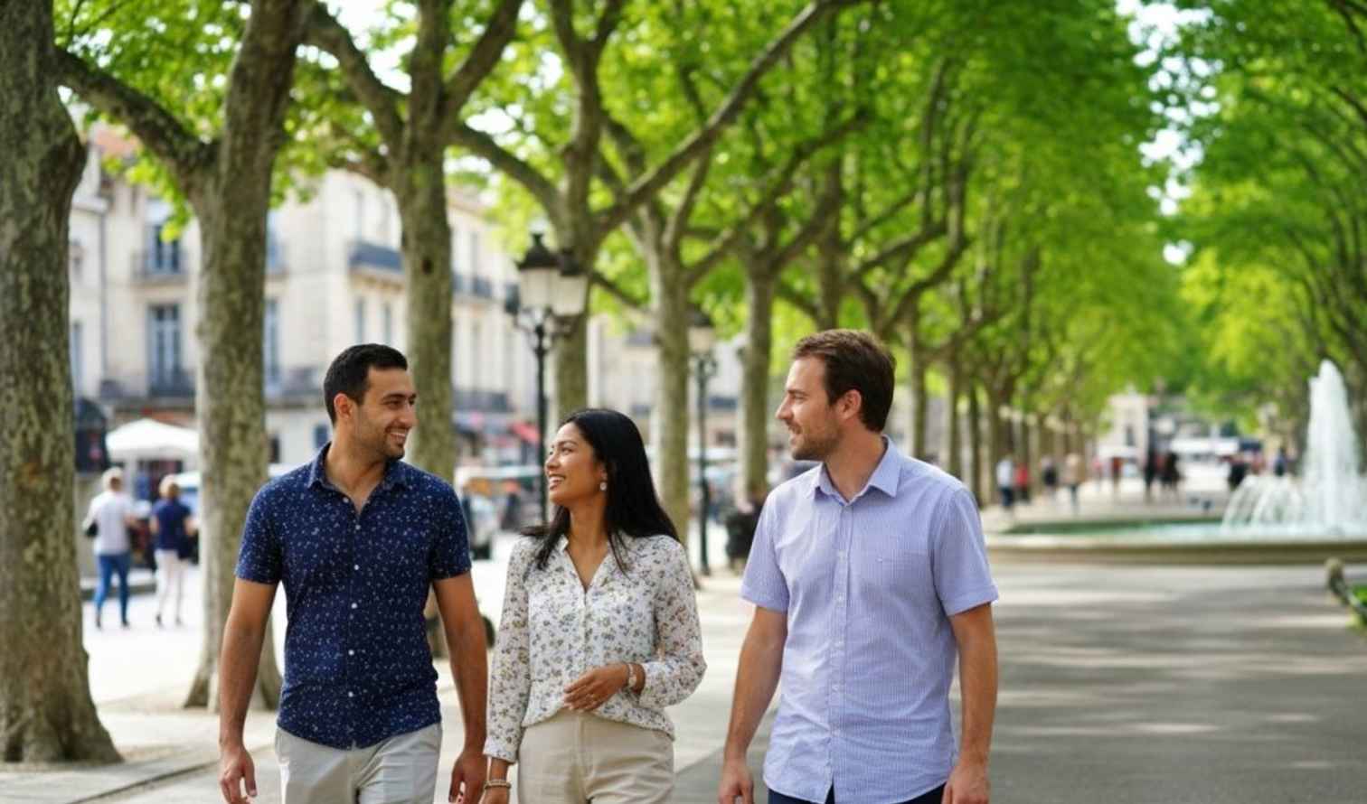 Three people walking on a tree-lined path near a fountain in Montpellier