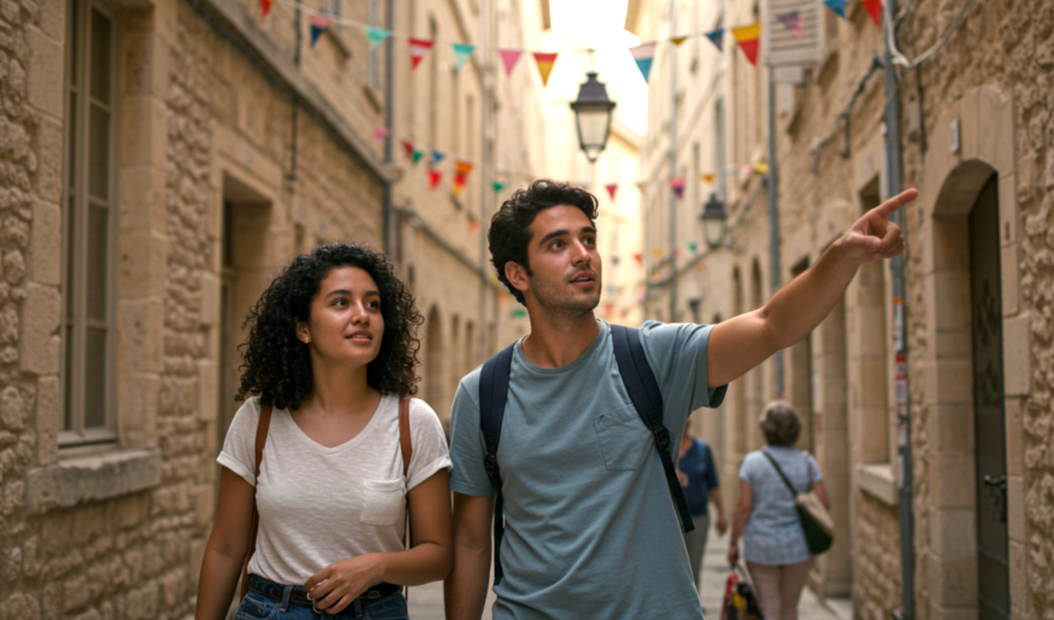 Two people walking along a narrow street with stone buildings and flags in Marseille