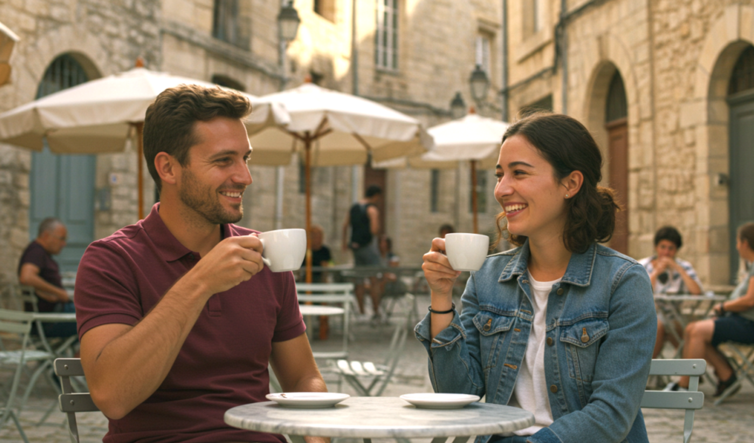 Two people drinking coffee at an outdoor café on a cobblestone street in Marseille.