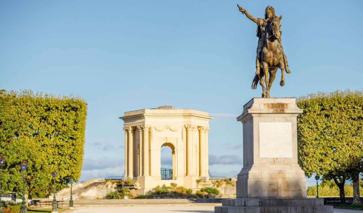Bronze equestrian statue at the Promenade du Peyrou in Montpellier, France.