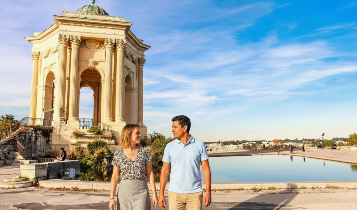 Couple walking near the Water Castle in Montpellier with clear sky.
