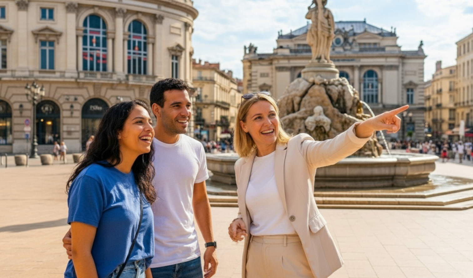 Three people in front of the Place de la Comédie in Montpellier, France.