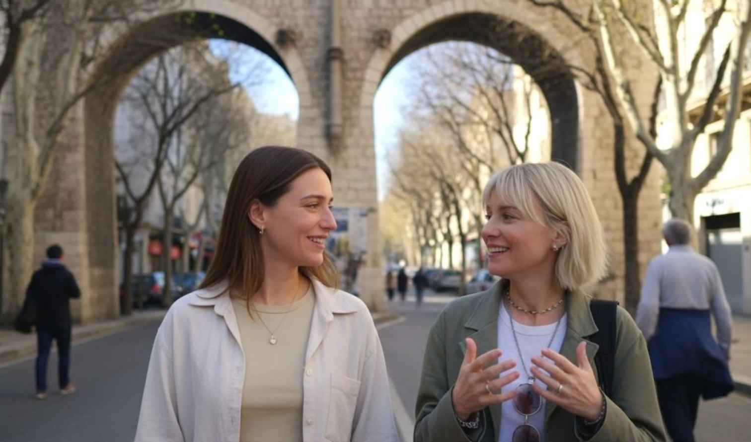Two people walk under stone archways on a tree-lined street in Montpellier