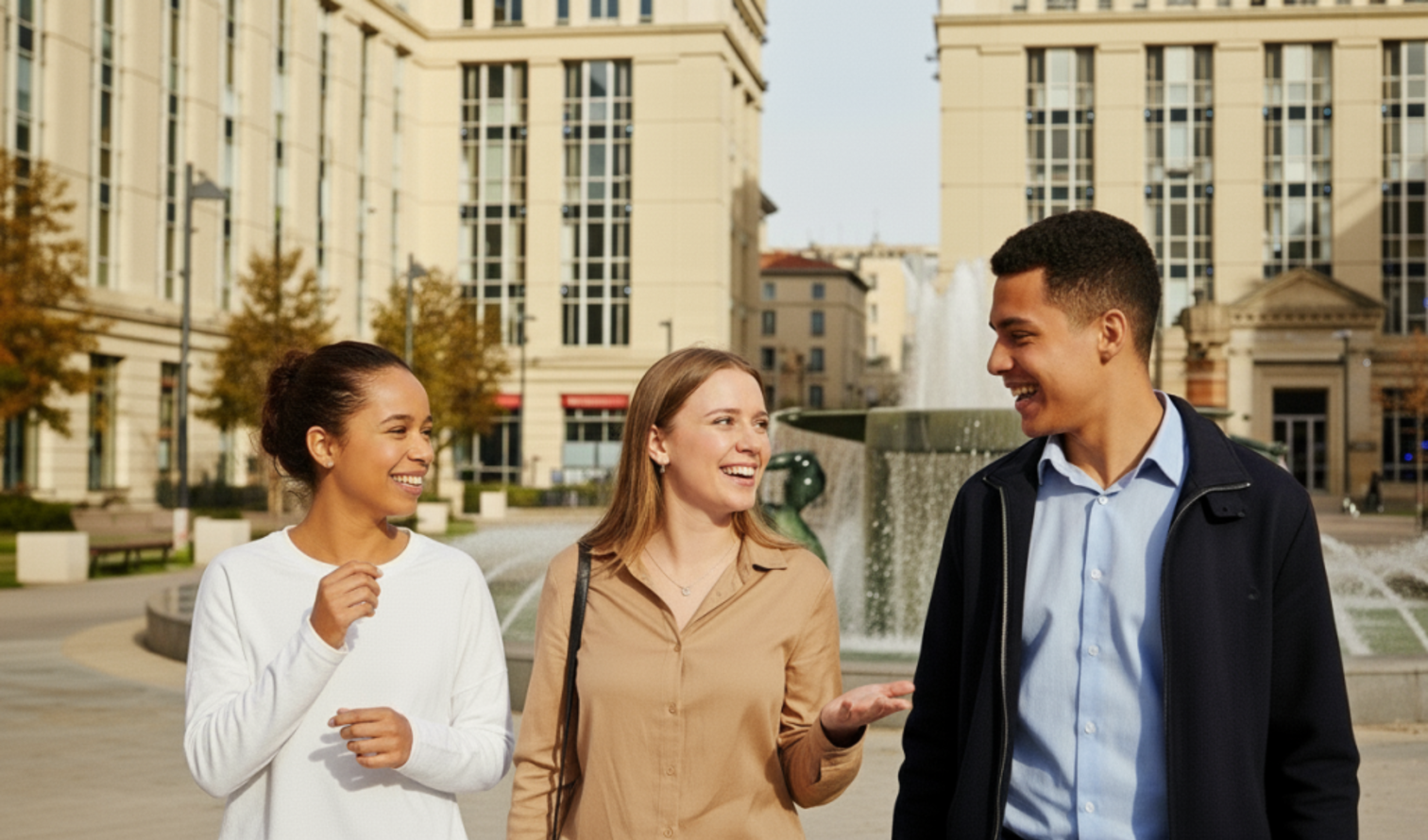 Three people walking near a fountain in an urban plaza in Montpellier.