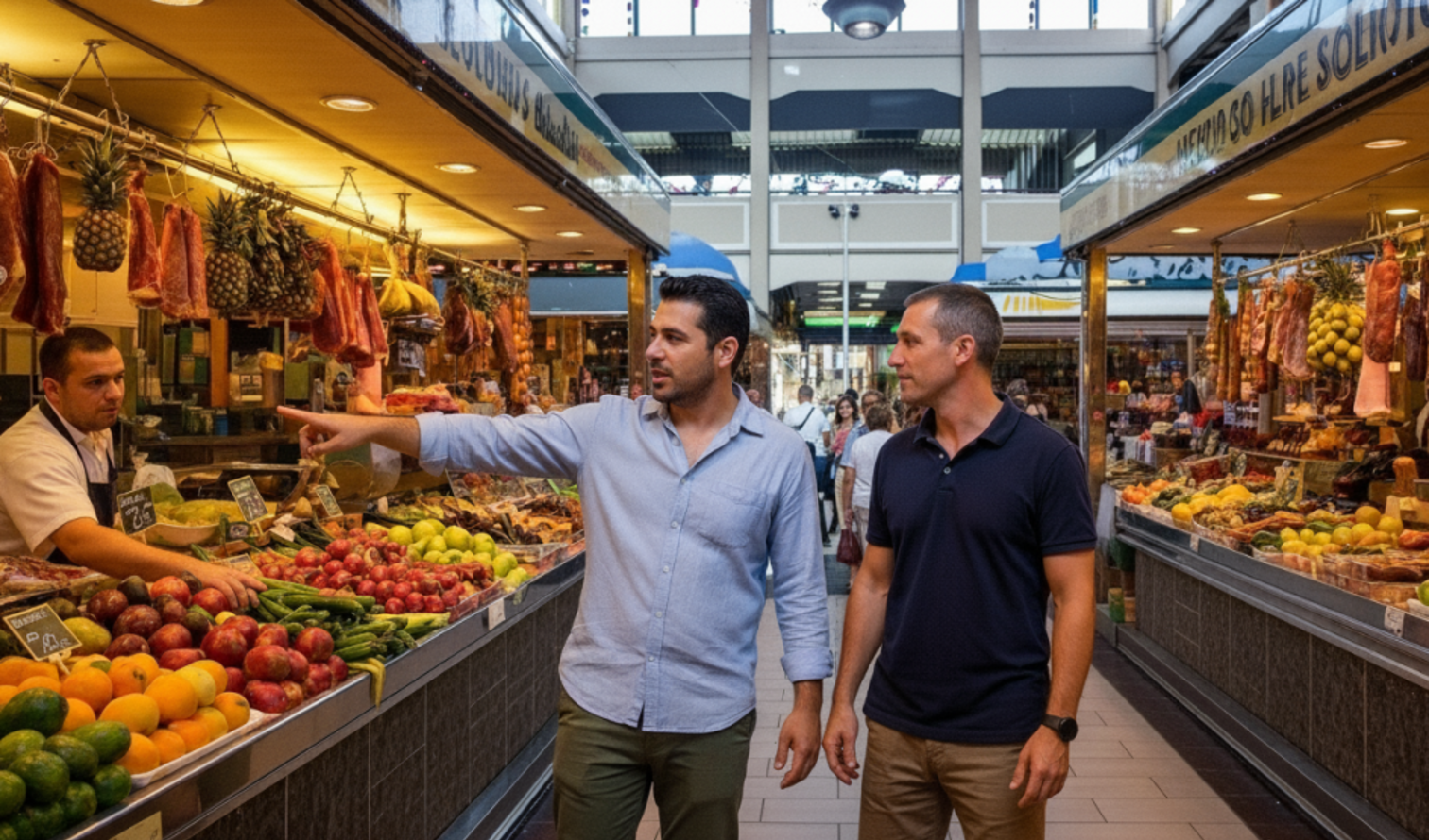 Two men talking inside a market with fruit and cured meats on display in Palma de Mallorca..