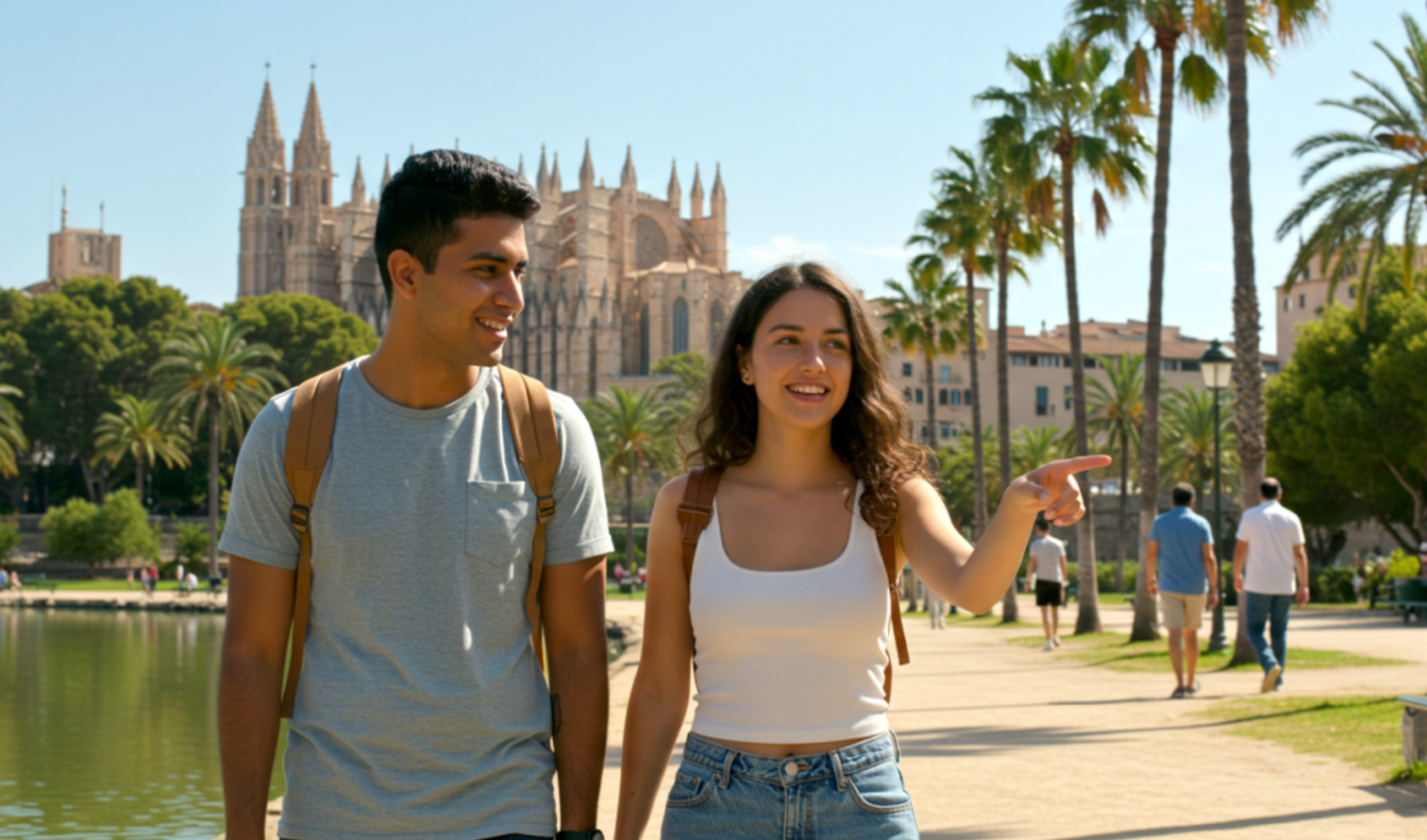 Young man and woman strolling in front of La Seu Cathedral, in Palma de Mallorca.