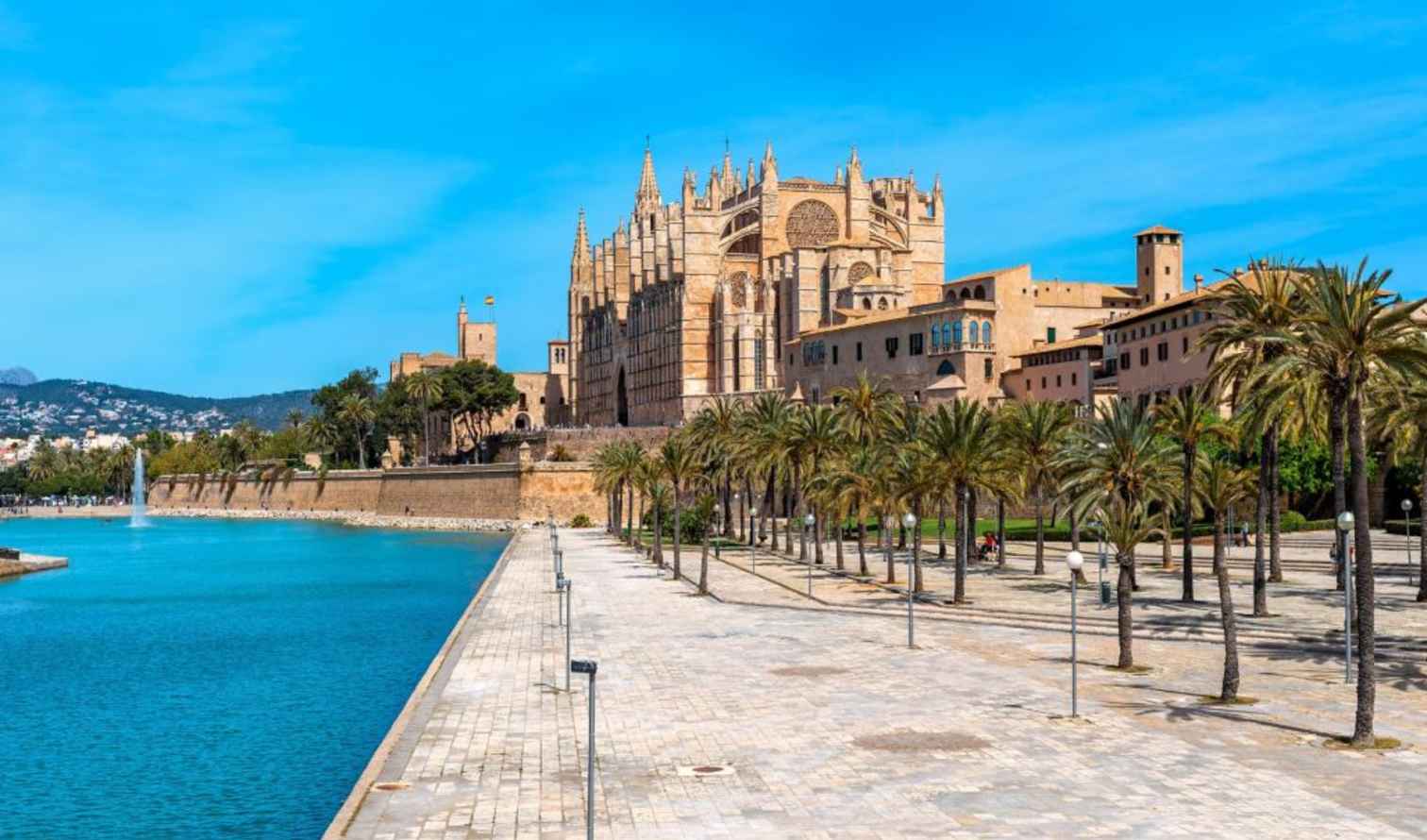 View of Palma Cathedral from across the water in Palma de Mallorca.