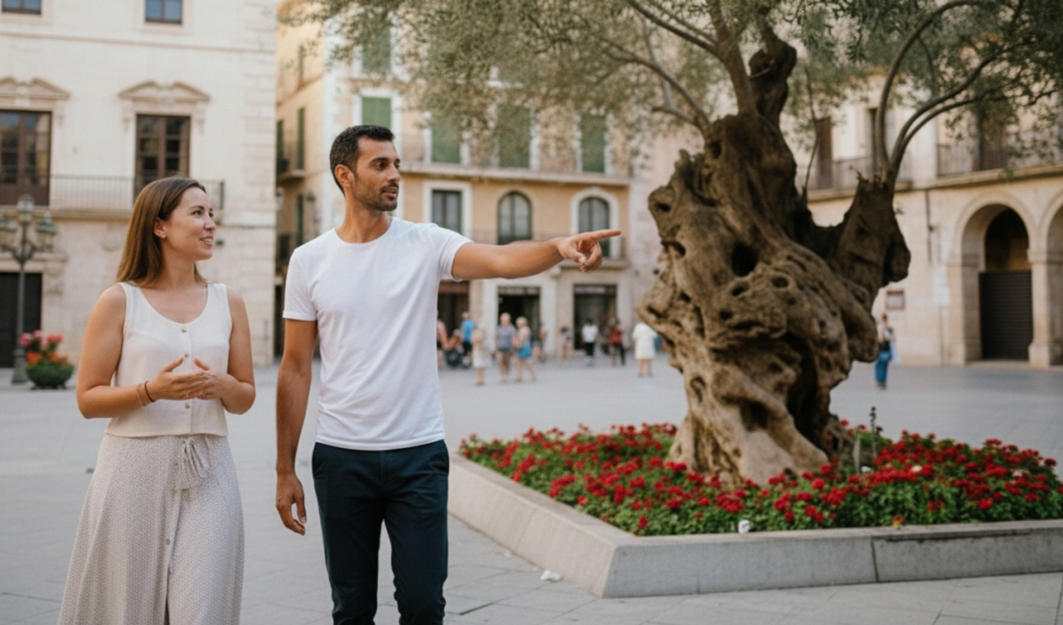 Pedestrians walk past ornate architecture and a prominent tree in the plaza in Palma de Mallorca