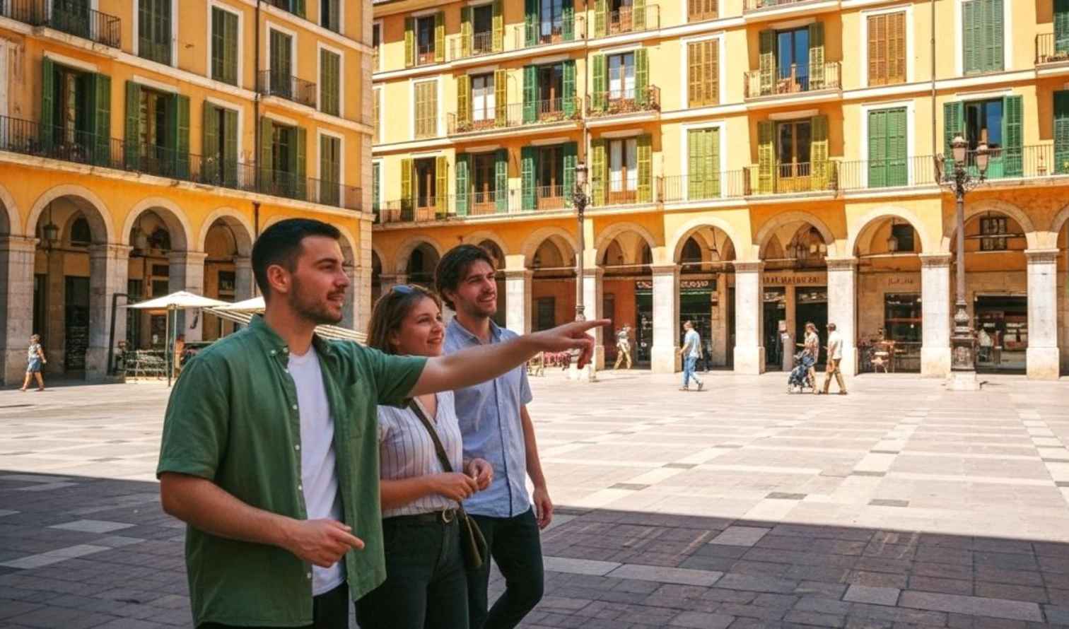 Three people walking in Plaça Major, Palma, with yellow building in background.