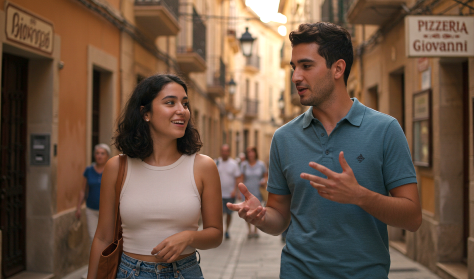 Two people walking on a narrow street with a Pizzeria Giovanni sign in Palma de Mallorca.