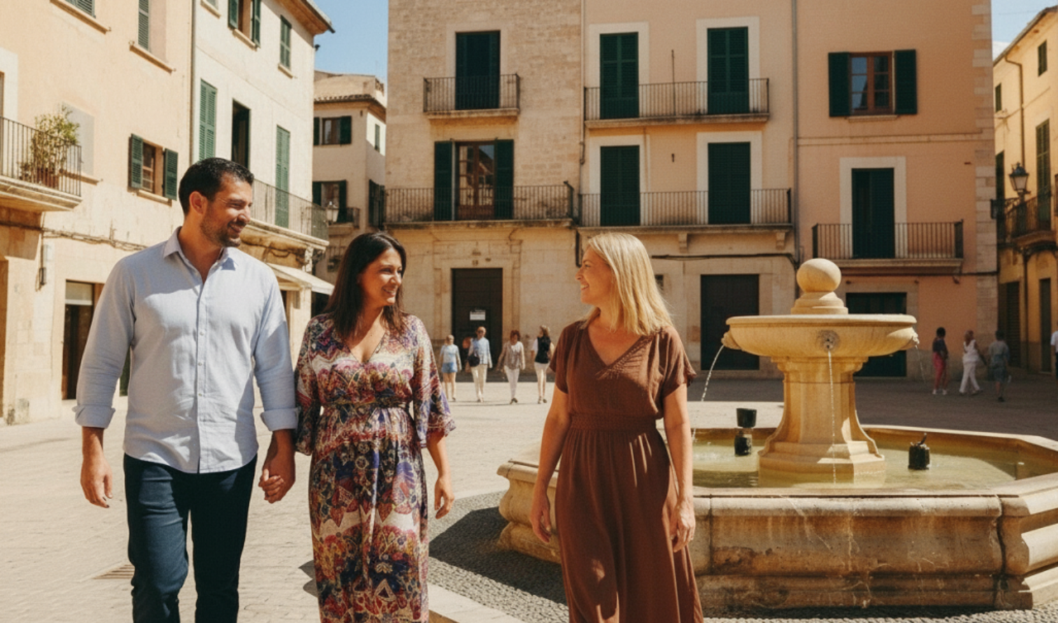 Stone buildings with balconies line a plaza featuring a central fountain in Palma de Mallorca.