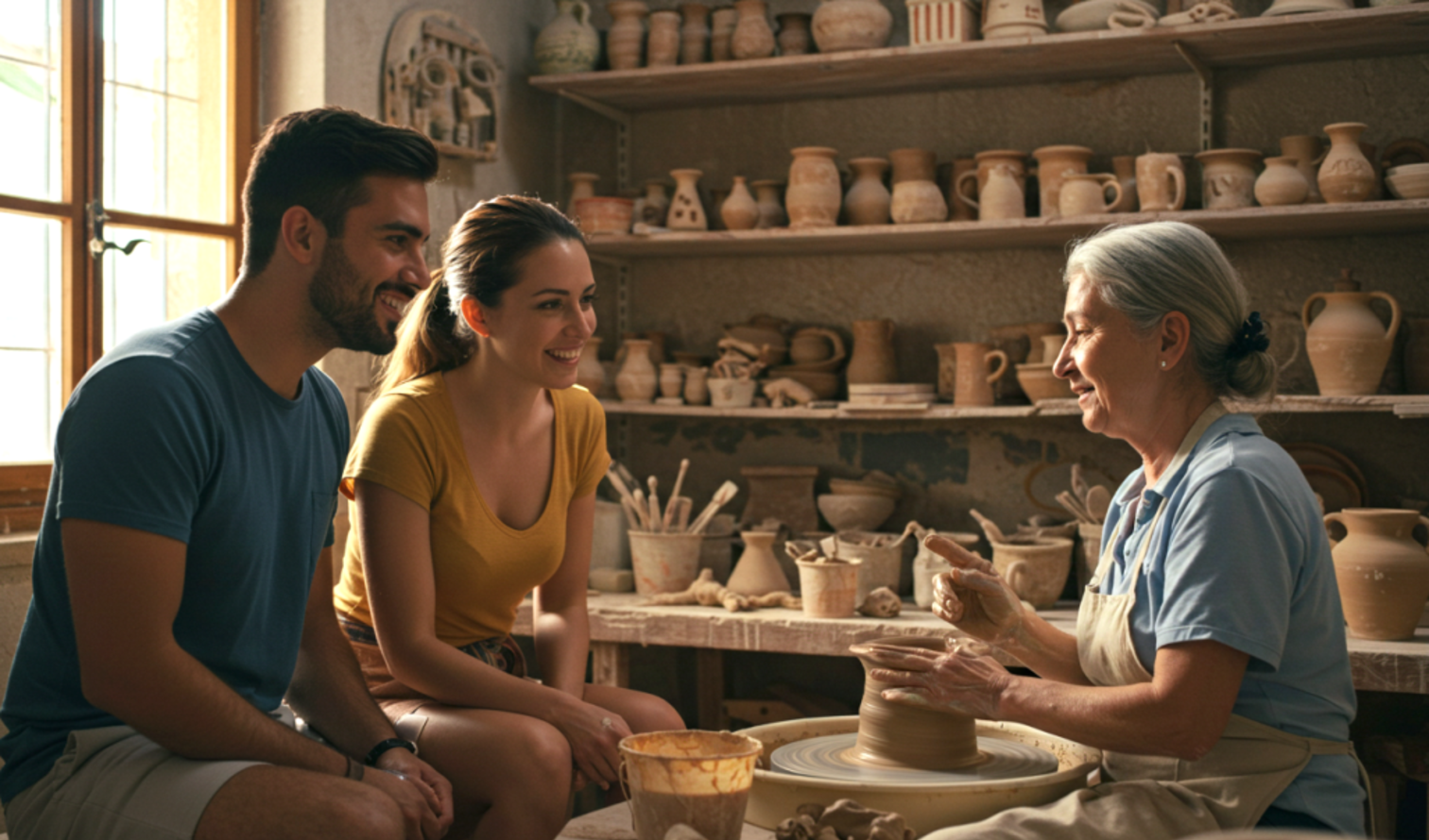 Two people watch a potter working clay on a wheel in a studio in Palma de Mallorca