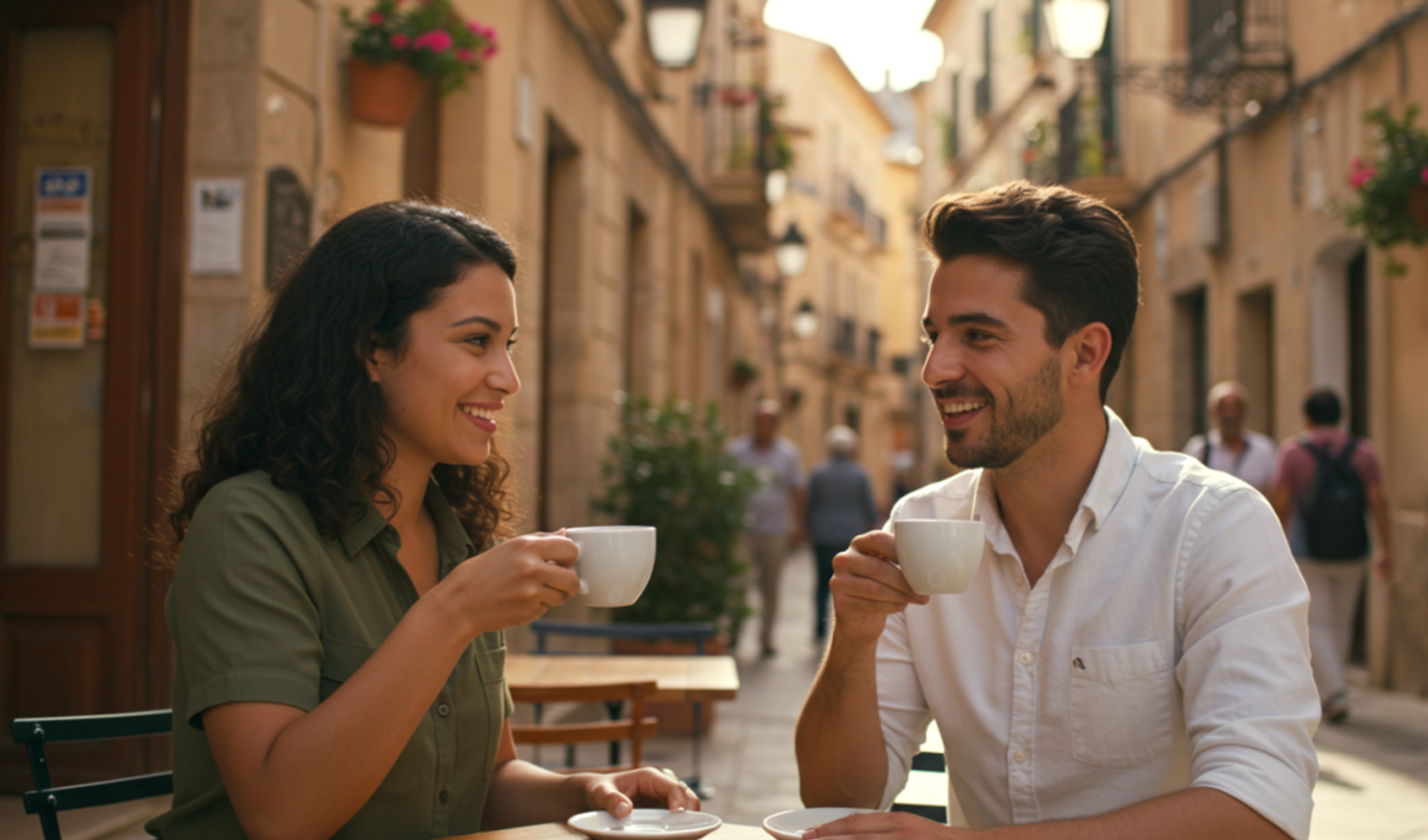 A man and woman drink coffee on a narrow European street in Palma de Mallorca.
