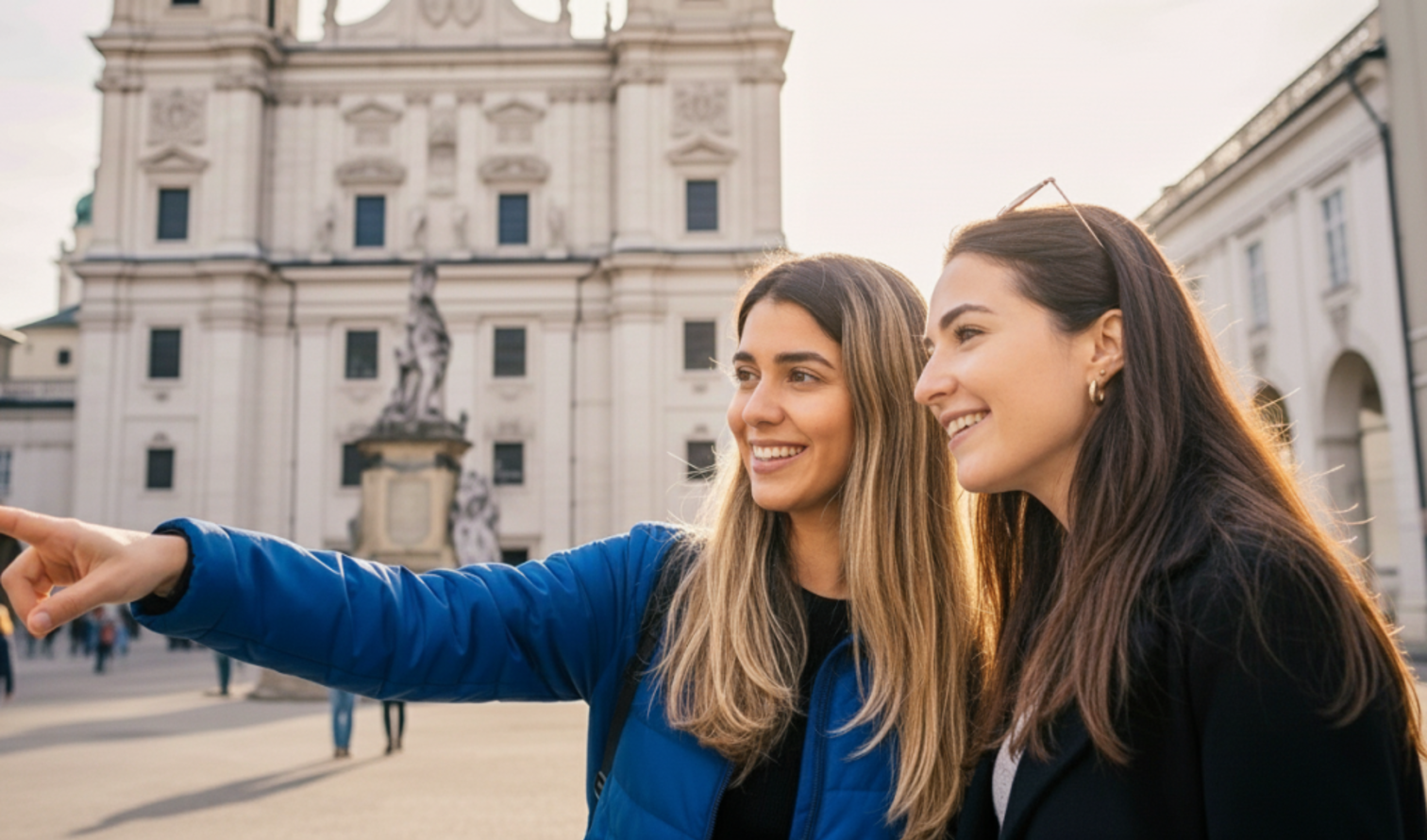 Two people in front of Salzburg Cathedral pointing and smiling.