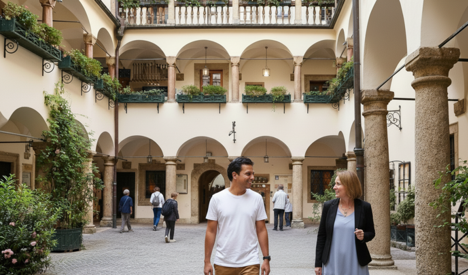 People walking in a courtyard at Alte Residenz, Salzburg.