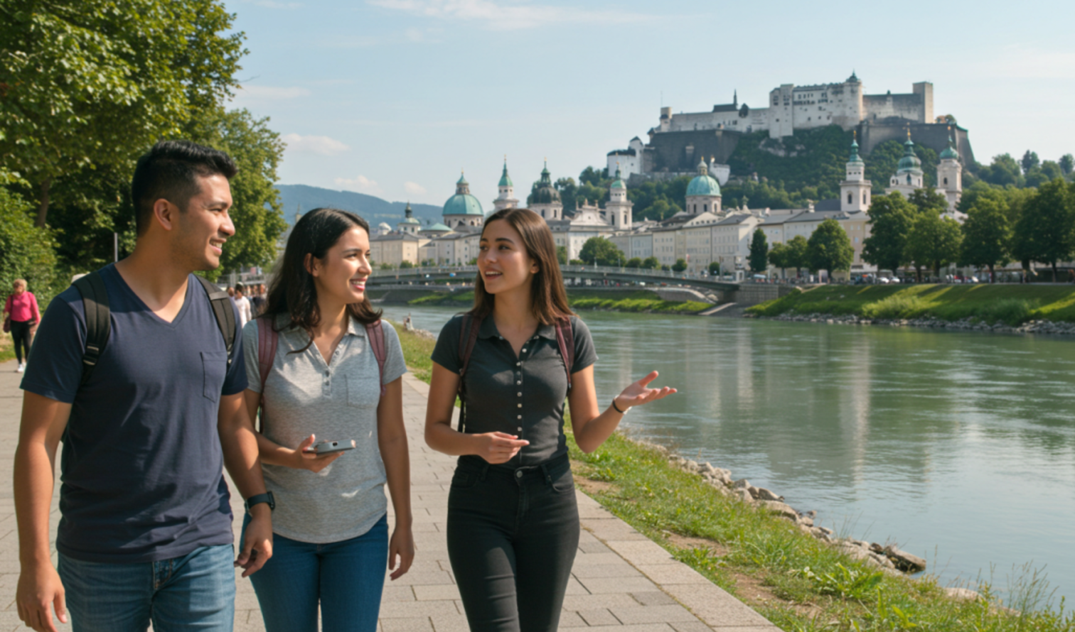 Three people walking near the Salzach River with Hohensalzburg Fortress in the background.