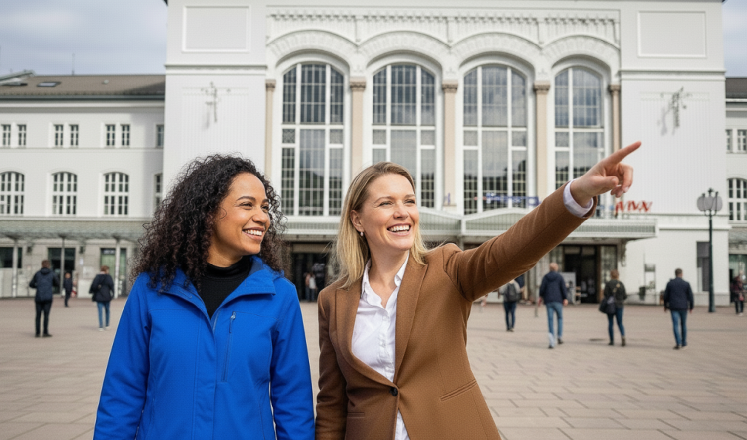 Two women, one pointing, near the Salzburg Domturm station entrance.