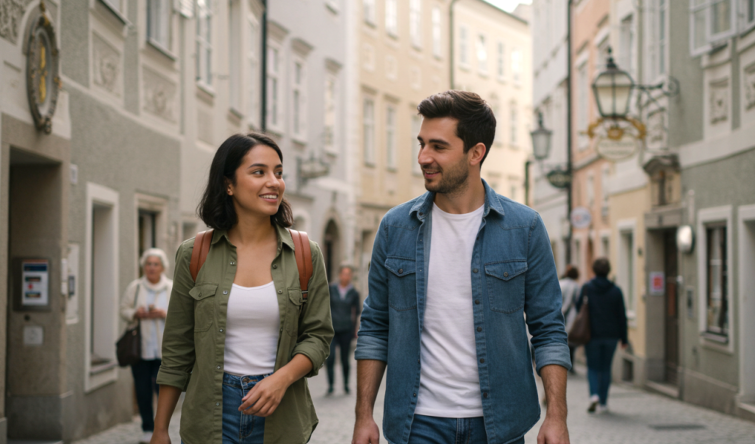 A couple strolling past ornate street lanterns in a European town in Salzburg