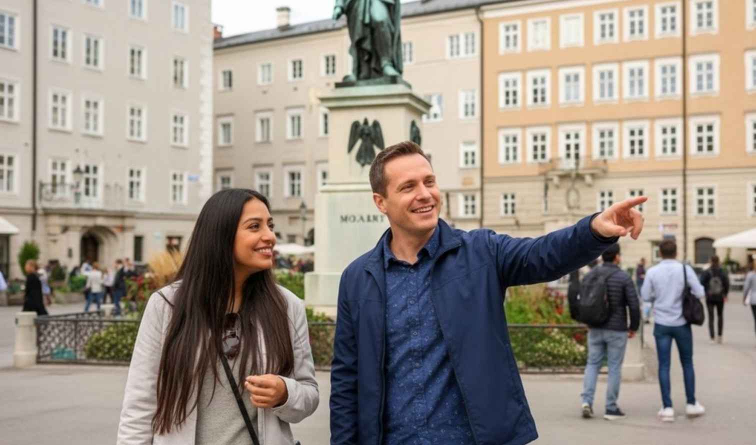 People stand near the Mozart statue in Salzburg's Mozartplatz square.