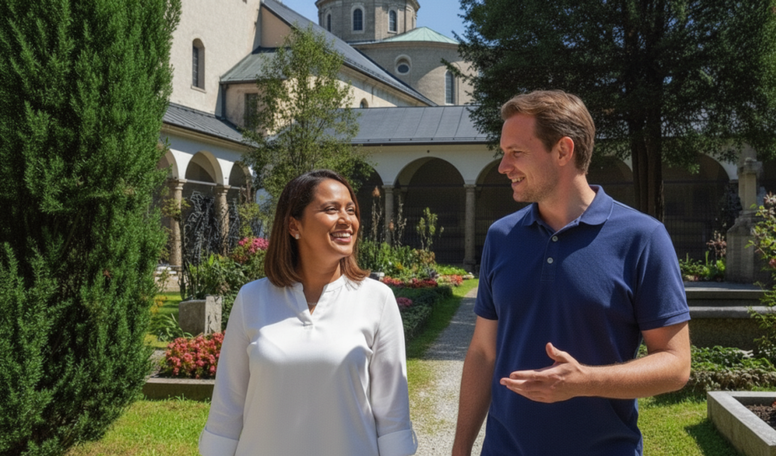 Garden with flowers and two people, near an old building with trees in Salzburg
