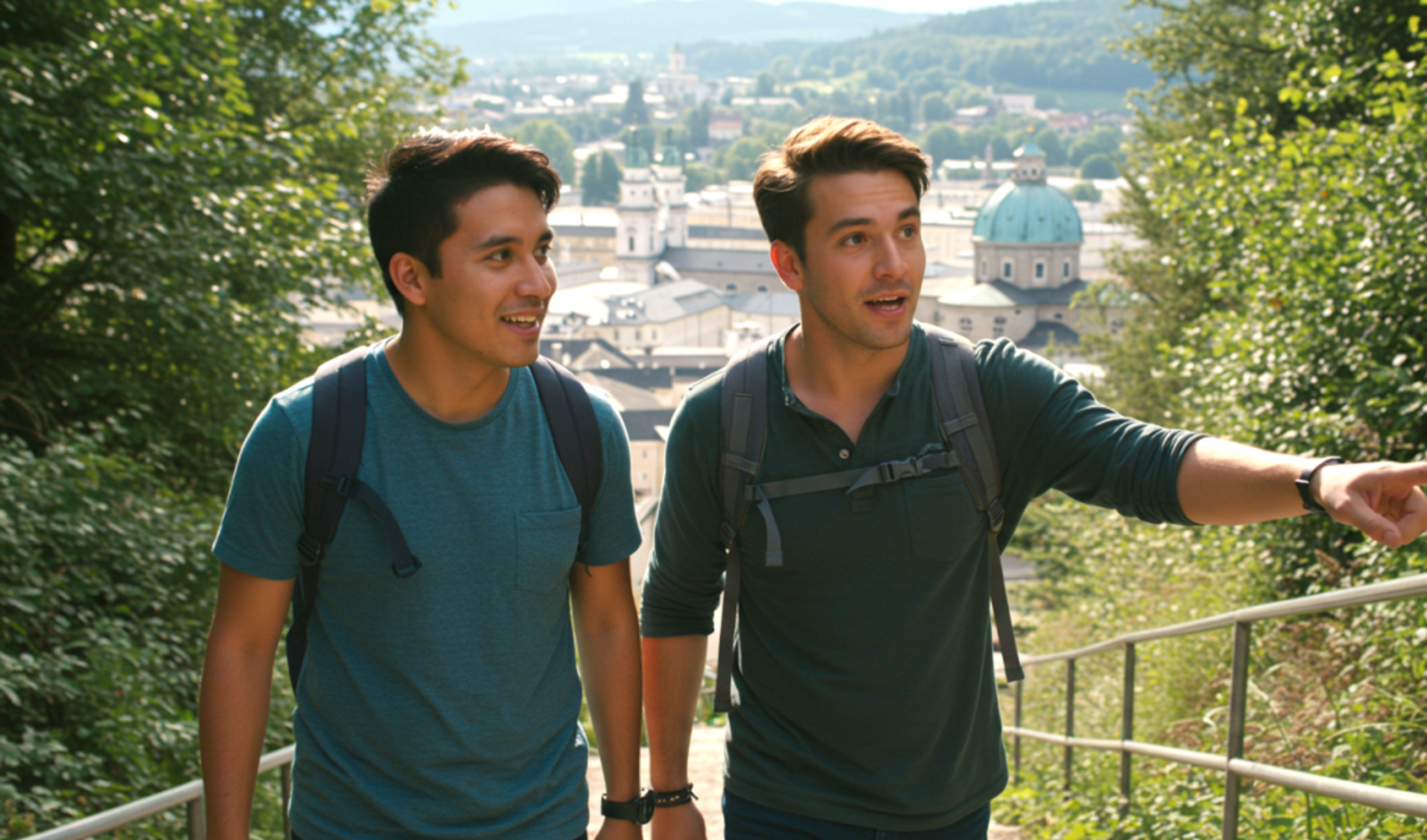 Two people hiking with a view of Salzburg in the background.