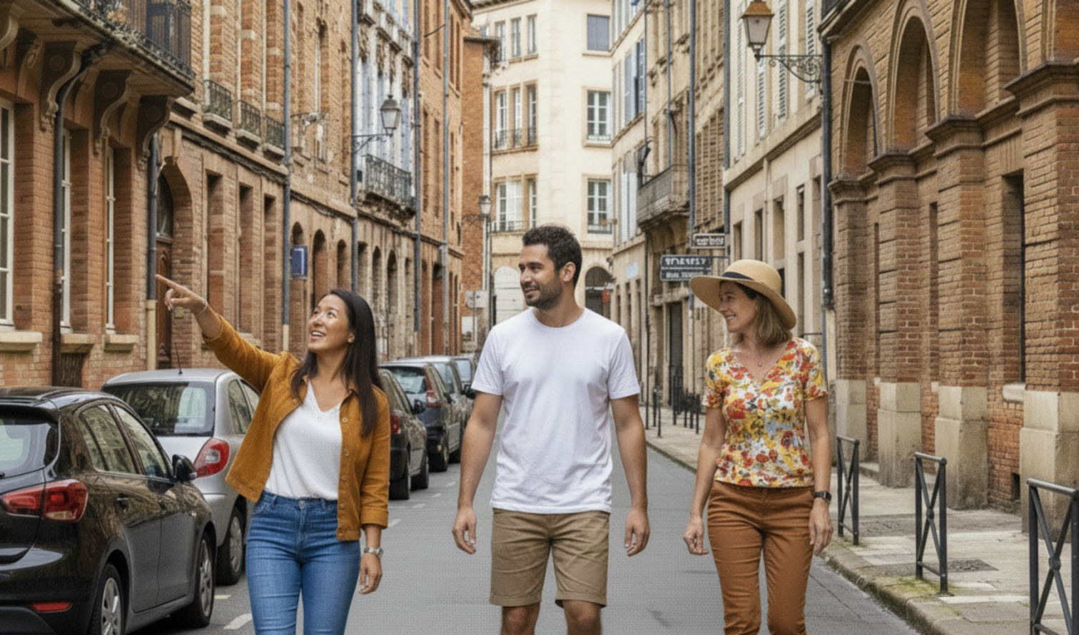 Three people walk down a narrow street in Toulouse, France.
