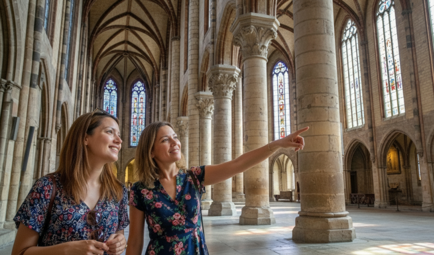 Women pointing at stained glass windows in the interior of Bourges Cathedral, in Toulouse