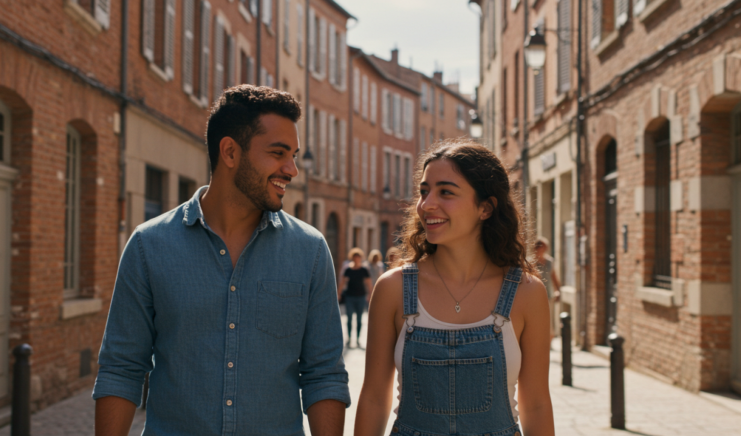 Two people walking on a brick-lined street in central Toulouse, France.