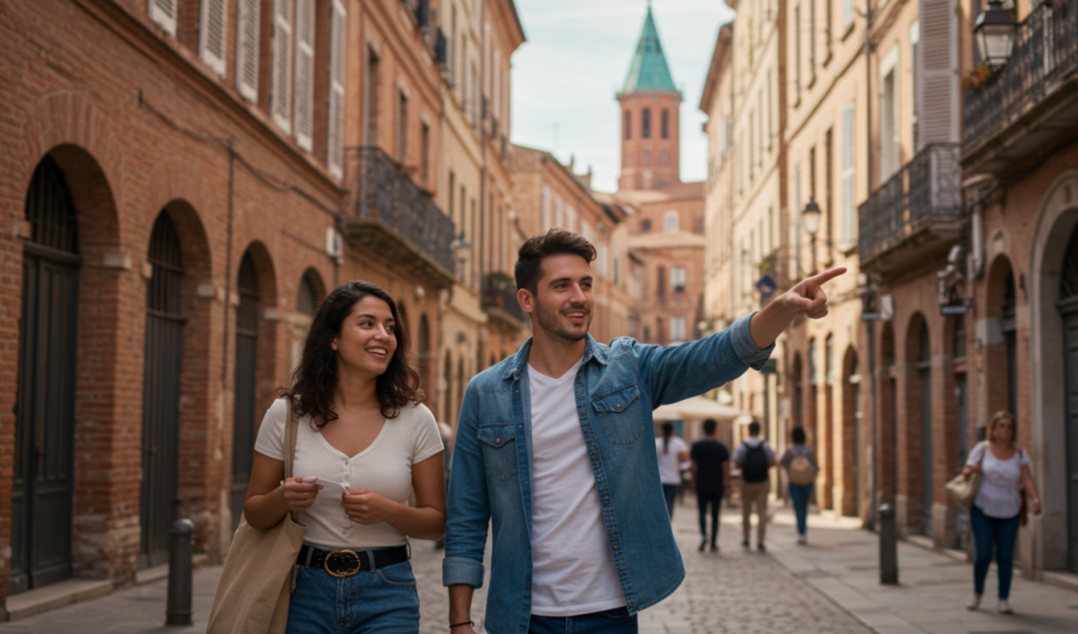 A couple walking along a street in Toulouse, France.