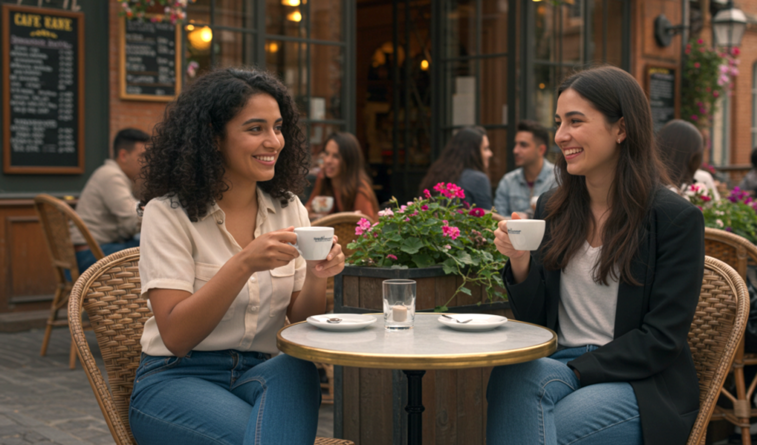 Two women sitting at a cafe table with coffee cups in Toulouse