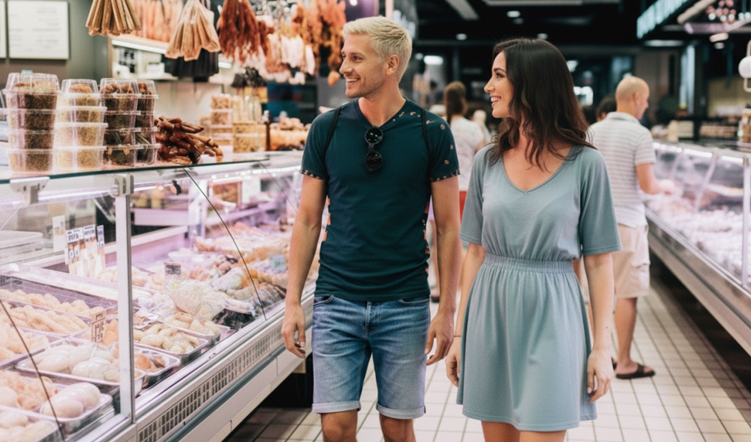 Two people walking past deli counters in a modern indoor market in Toulouse