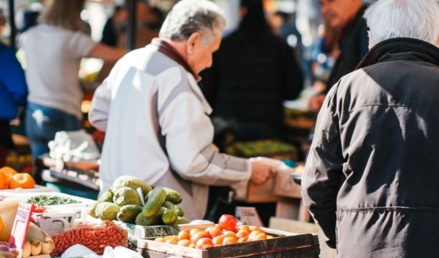 People shopping at an outdoor market stall with fresh produce visible in Toulouse