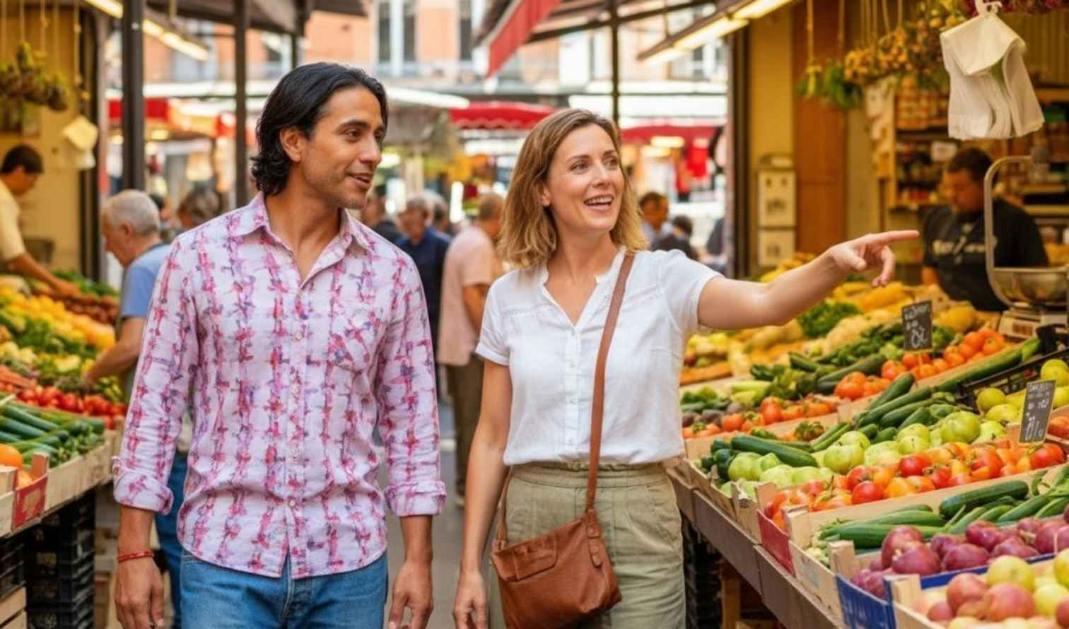 Shoppers examining fresh produce at an open-air market in Toulouse