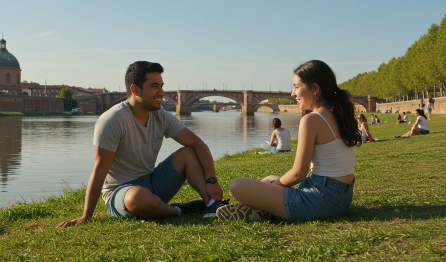 A man and woman converse overlooking the Garonne River in Toulouse.