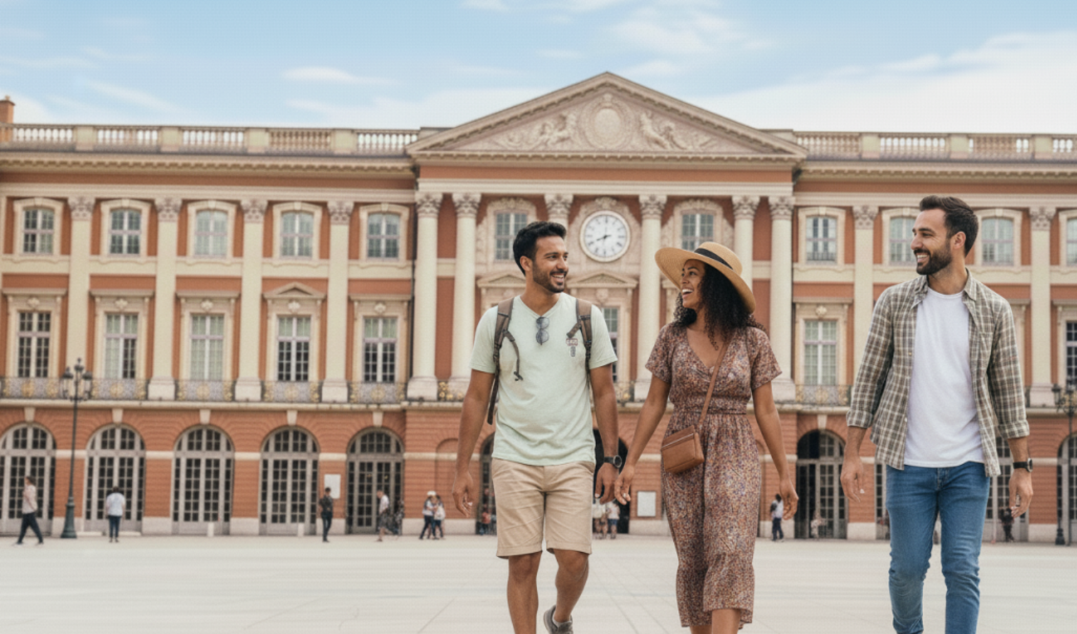 Three people walking in front of Capitole de Toulouse.