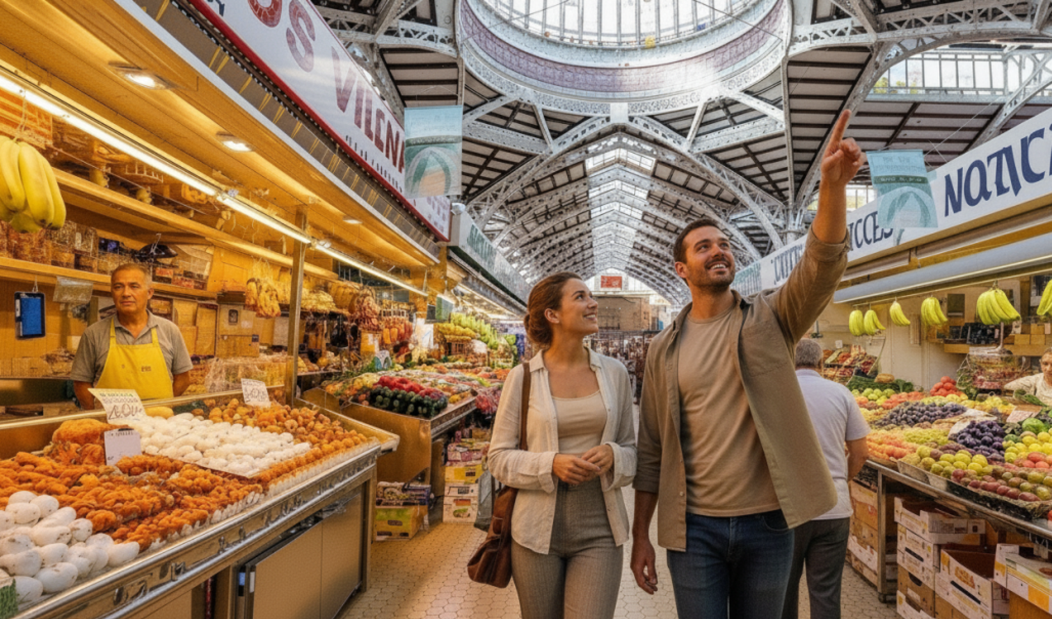 People walking through Mercado Central in Valencia surrounded by fruit stalls.