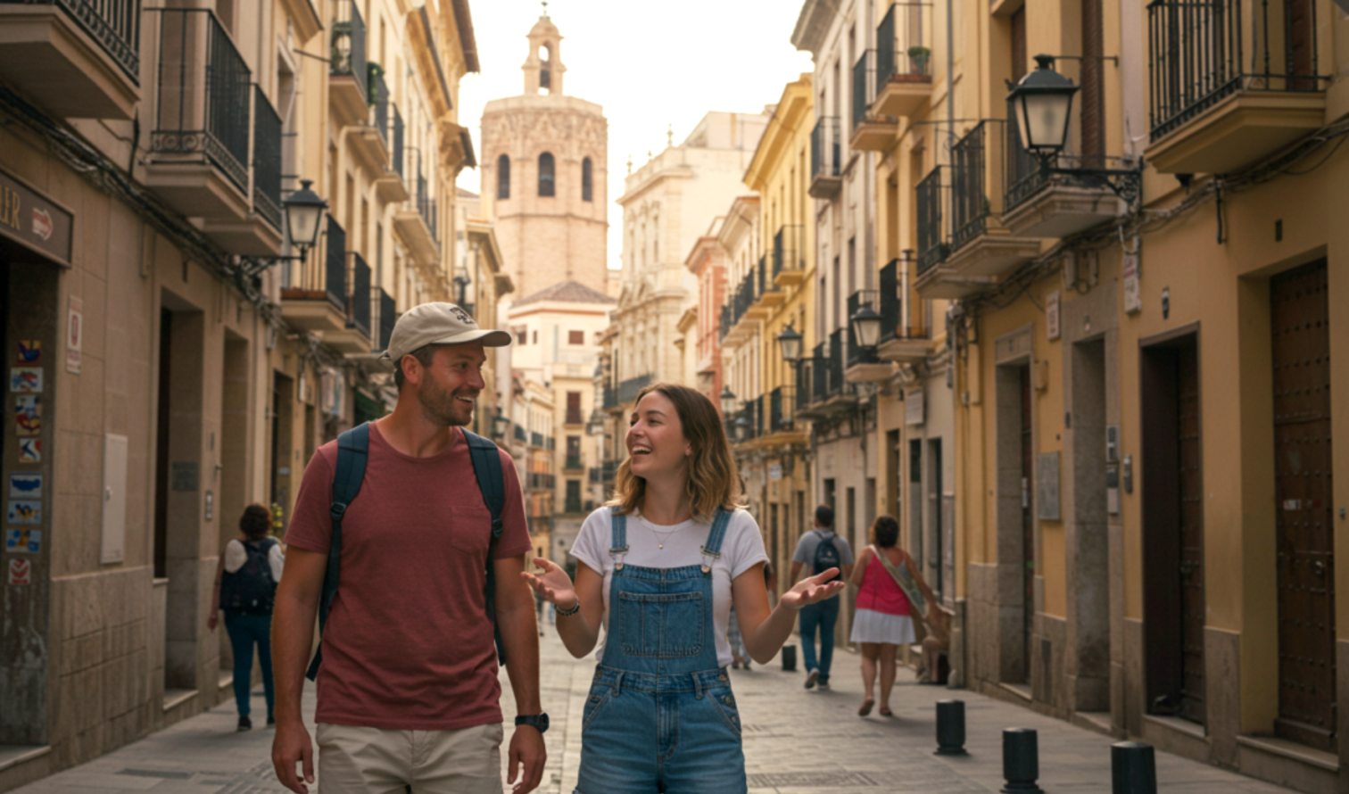 Two people walking on a narrow street in Valencia, Spain, with historical buildings.