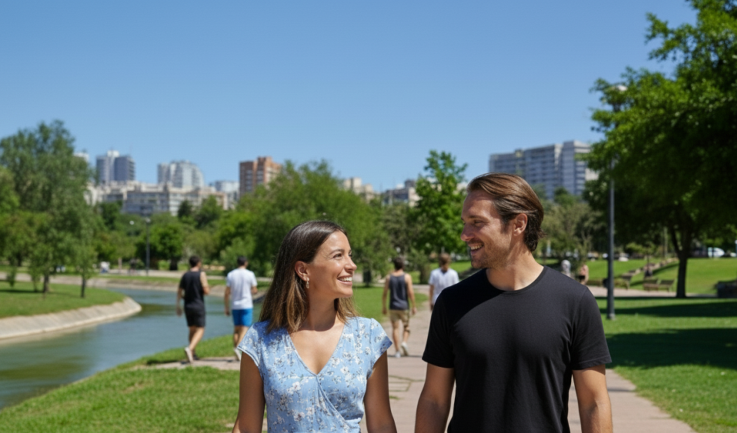 A man and woman walking on a path near a canal in an urban park in Valencia.