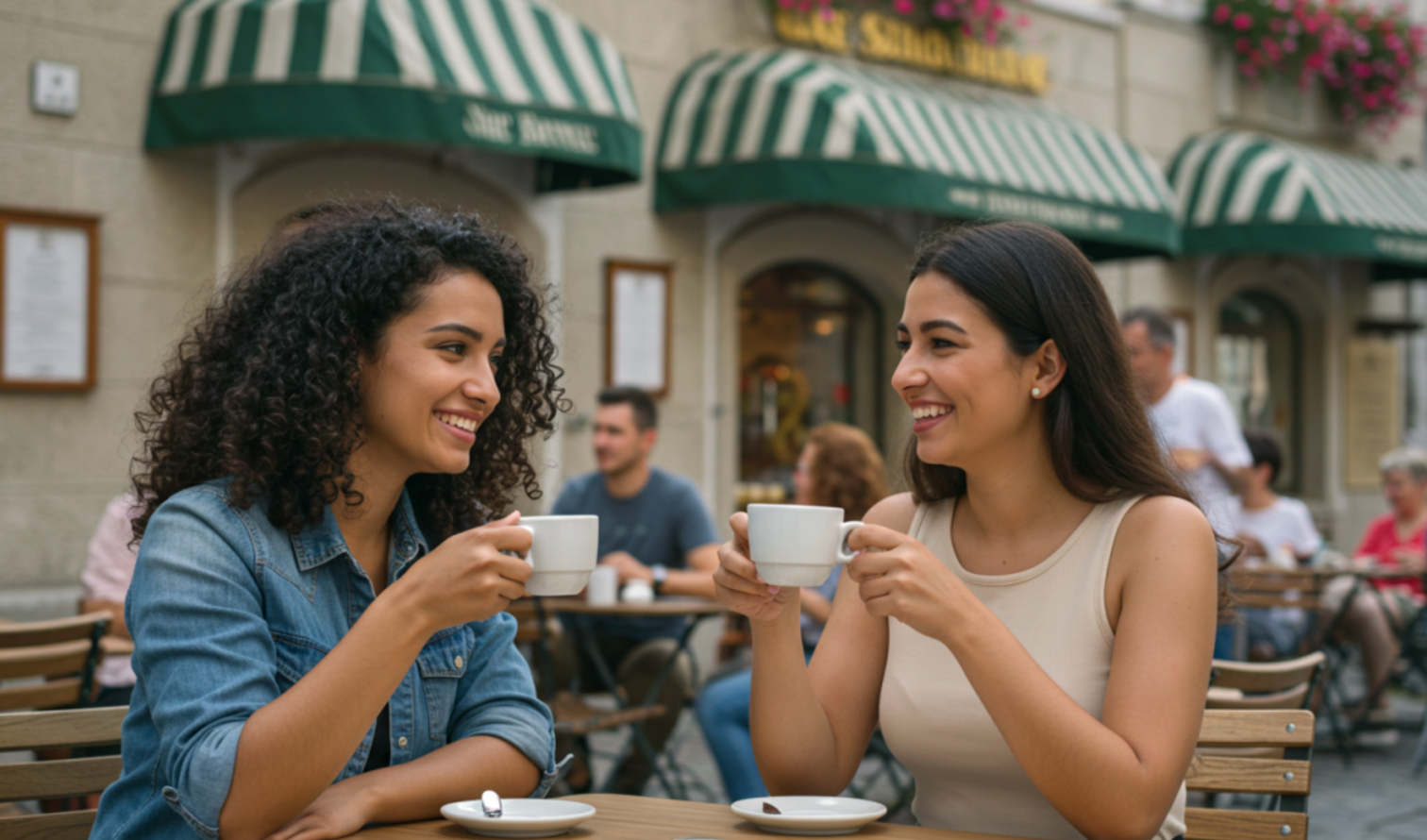 Two women sitting at an outdoor café table with striped awnings in Salzburg.