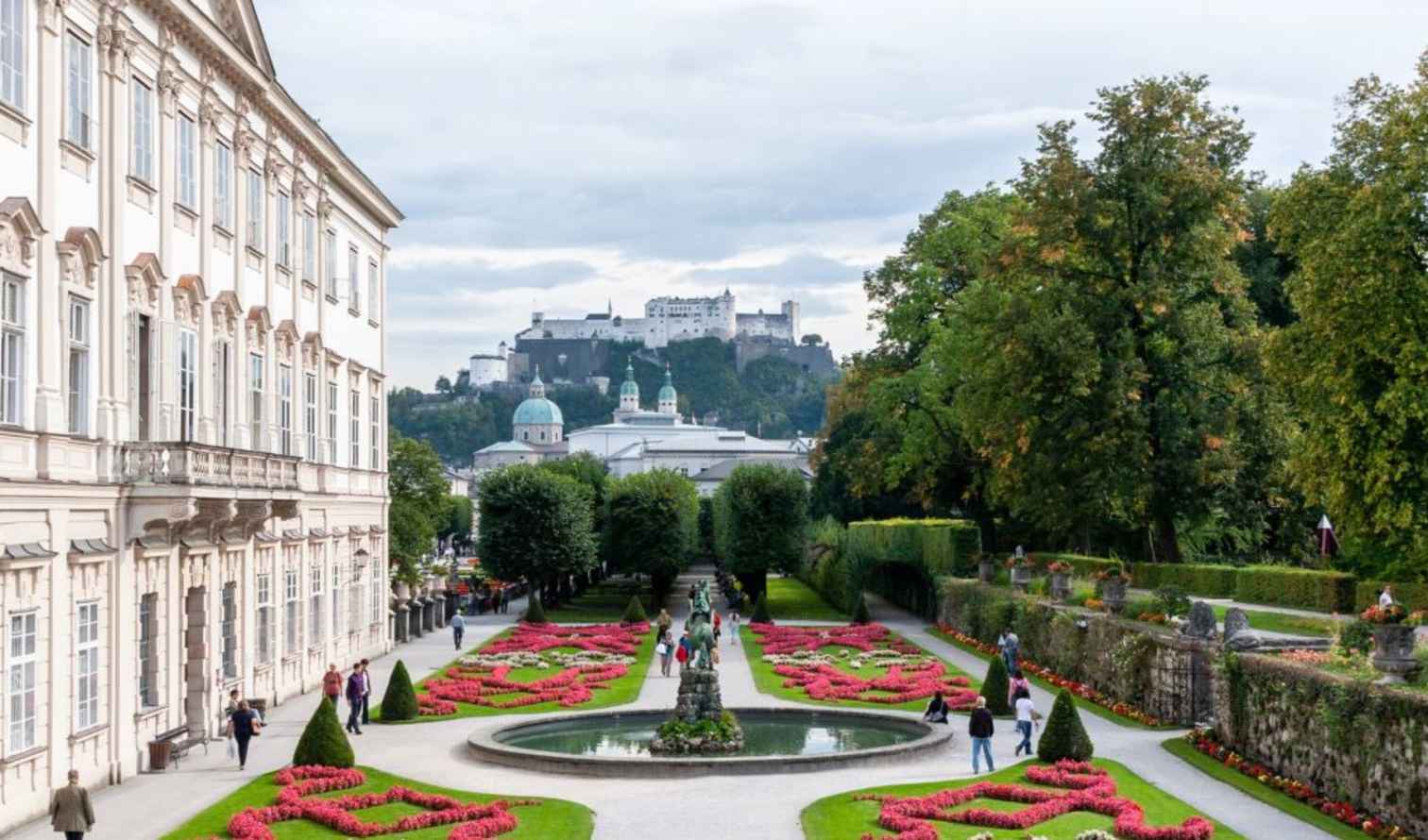 View of Mirabell Gardens with Hohensalzburg Fortress in the background in Salzburg.