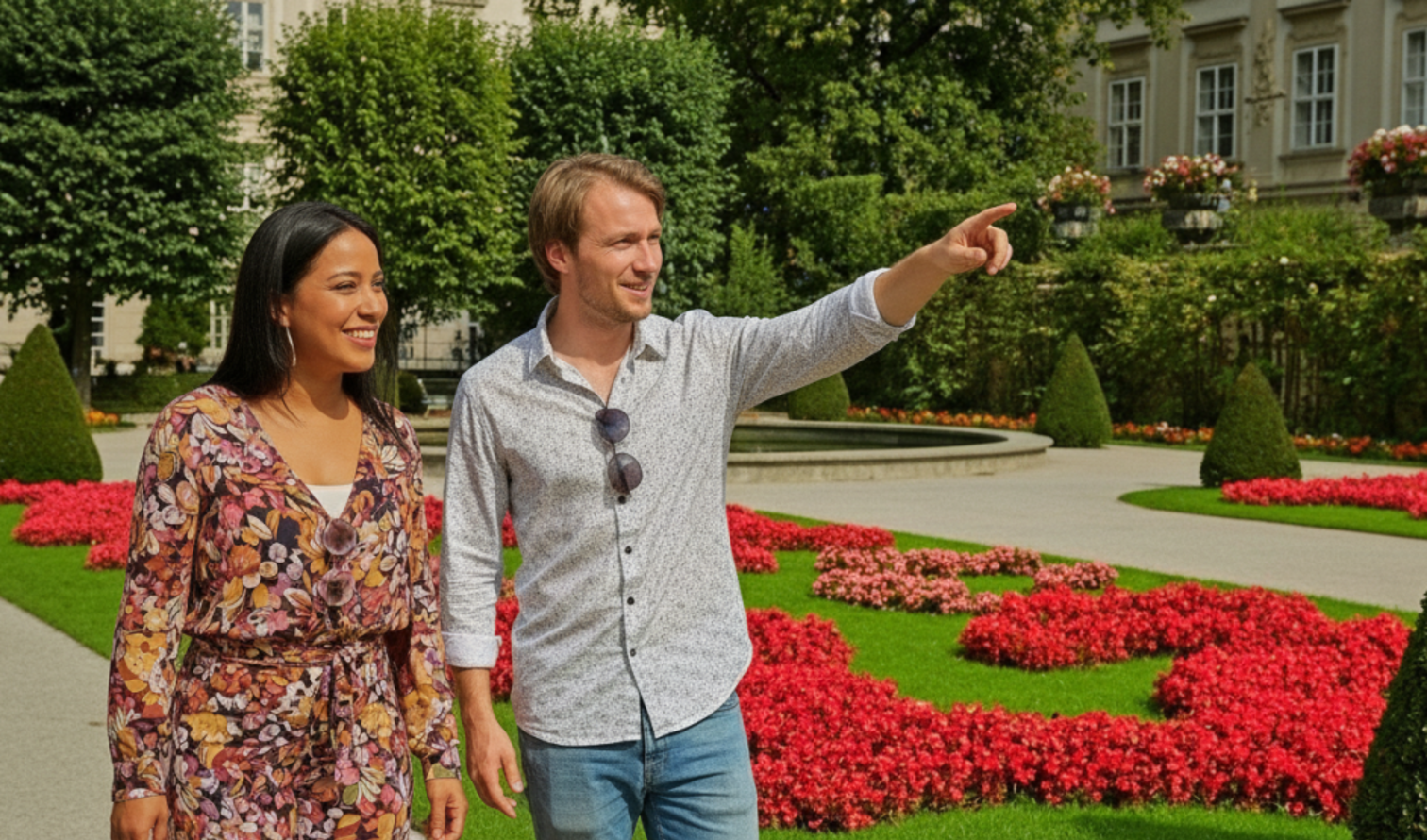 Man and woman strolling near hedges in Mirabell Gardens, Salzburg.