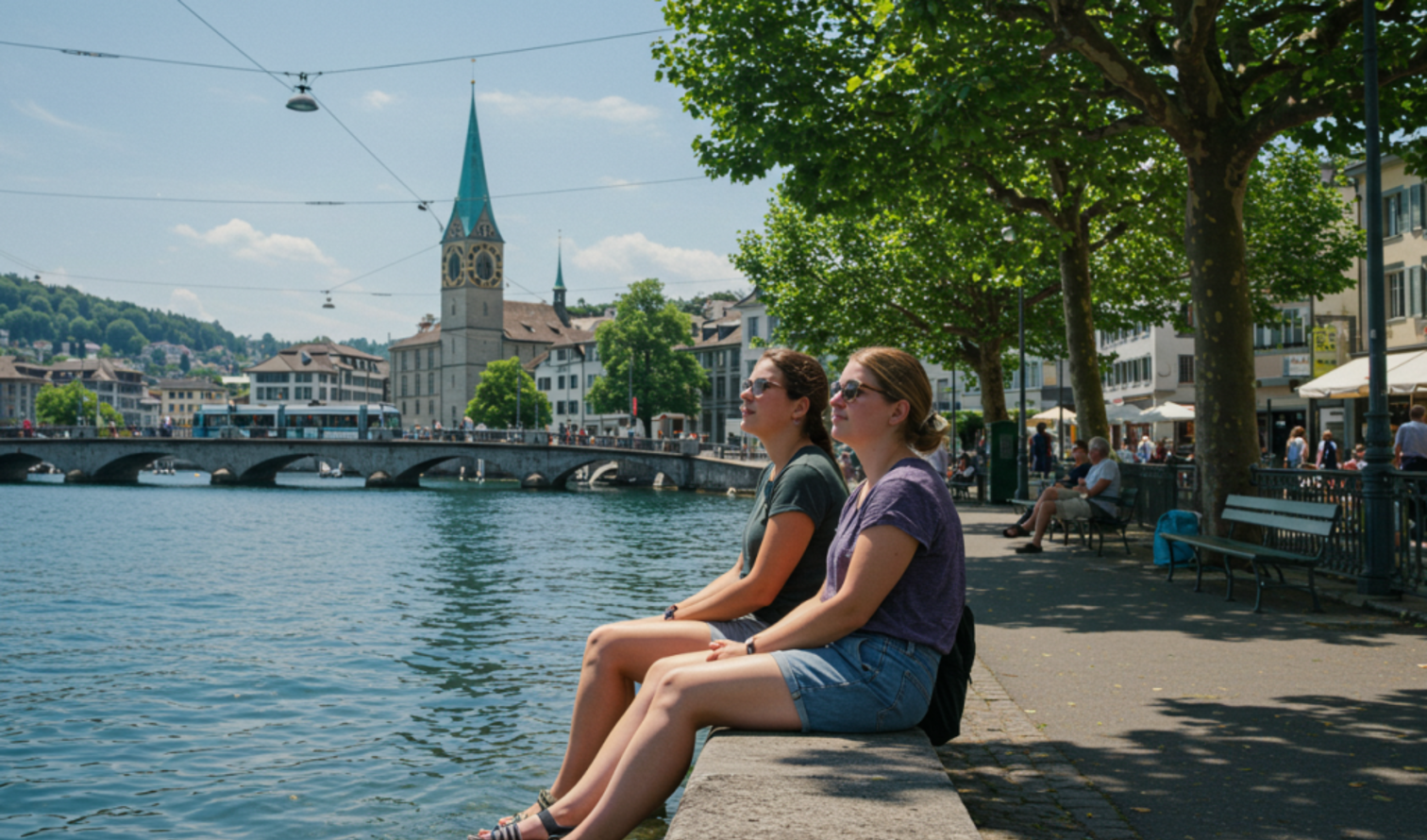 Two people sitting by the Limmat River with Fraumünster Church in Zurich.