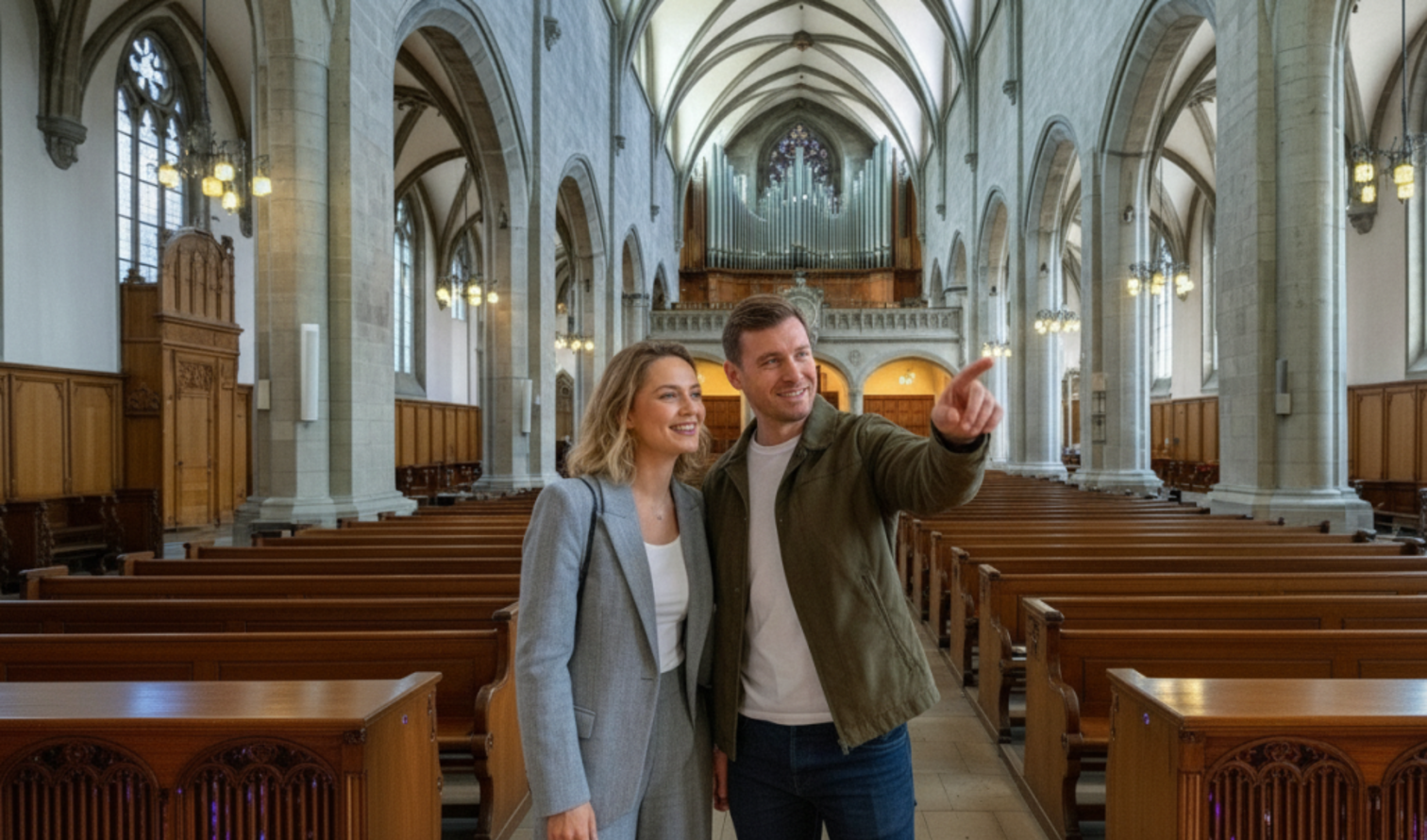 Two people inside a church with high vaulted ceilings in Zurich.