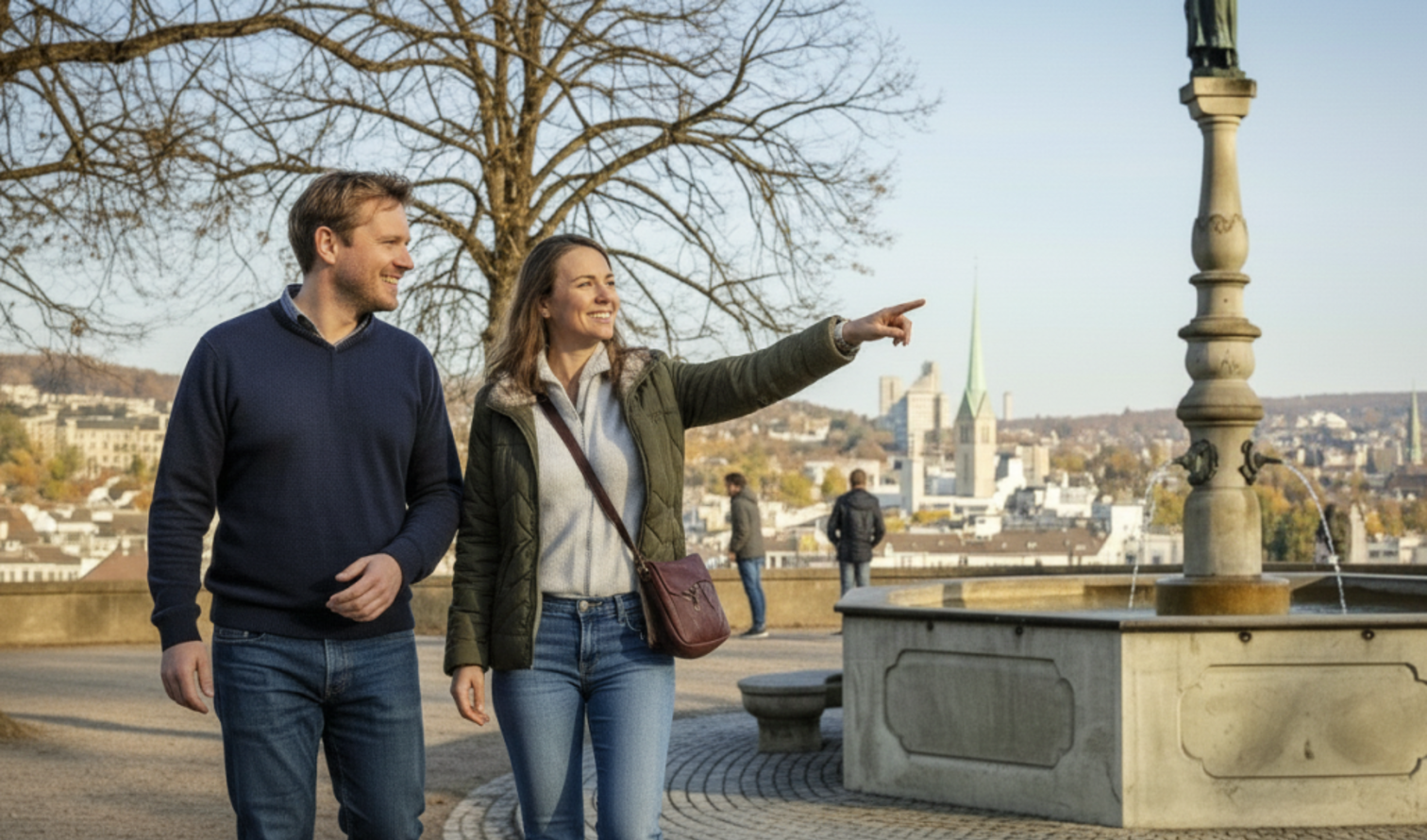 Two people walking near a fountain at Karlshöhe, Stuttgart.