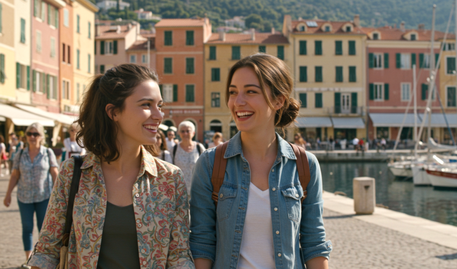 Two women walking along a waterfront in Nice