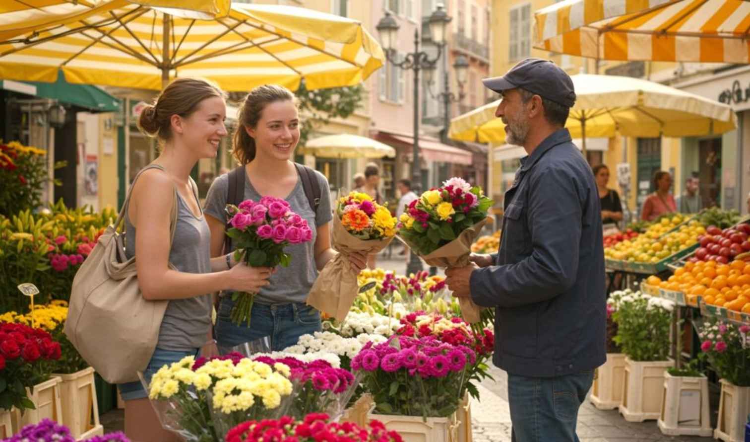 Market scene with two women buying flowers from a vendor under yellow umbrellas in Nice