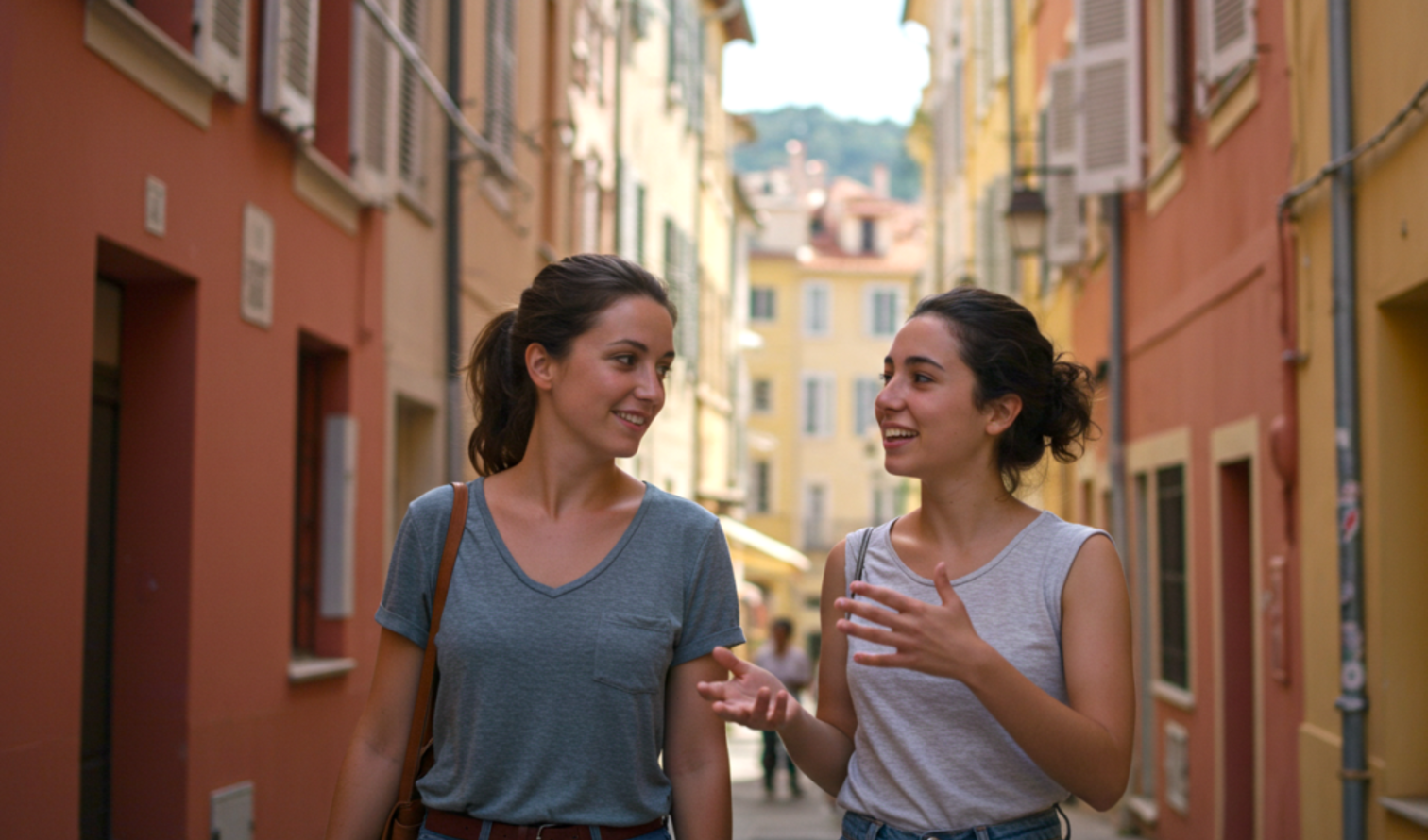Two women walking in a narrow street in the historic center of Nice, France.